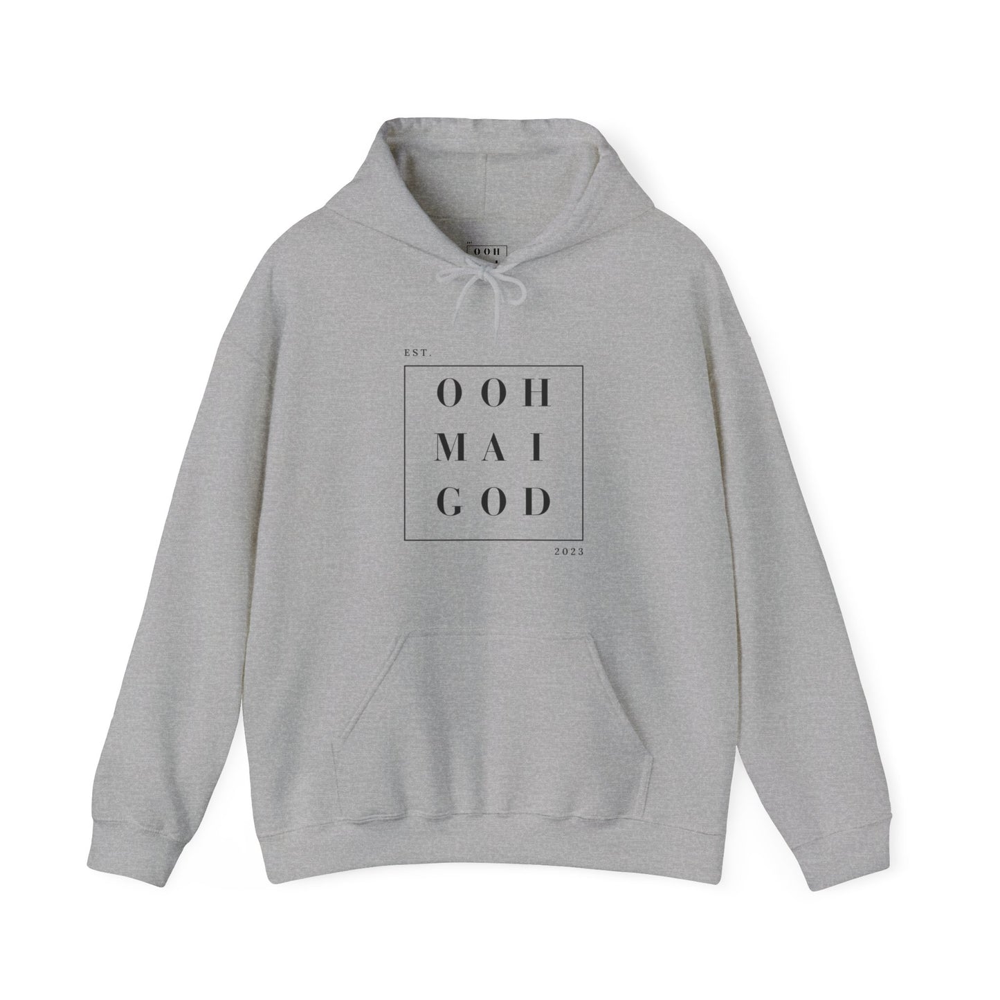 Grey colored hoodie with kangaroo pockets. Ooh Mai God brand name written in black placed inside of a black square in the center of the hoodie.