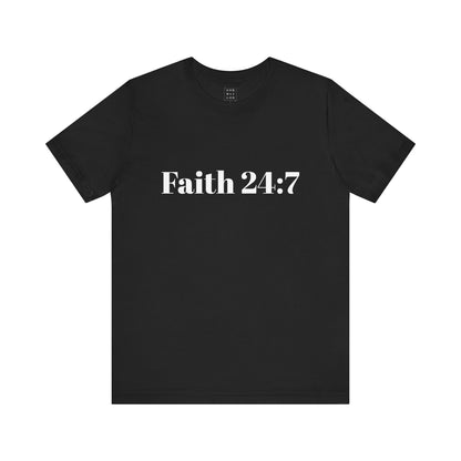 Black t-shirt, faith 24:7 written across the front in white writing, white ooh mai god logo in the neck