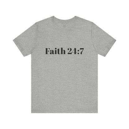 Grey  t-shirt, faith 24:7 written across the front in black writing, black ooh mai god logo in the neck