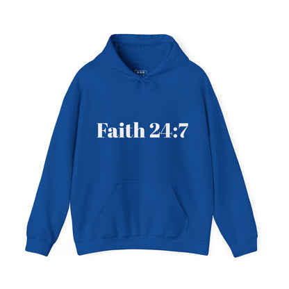 royal blue hoodie with kangaroo pockets, faith 24:7 written across the front in black writing, white ooh mai god logo in the neck