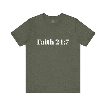 Army Green t-shirt, faith 24:7 written across the front in white writing, white ooh mai god logo in the neck