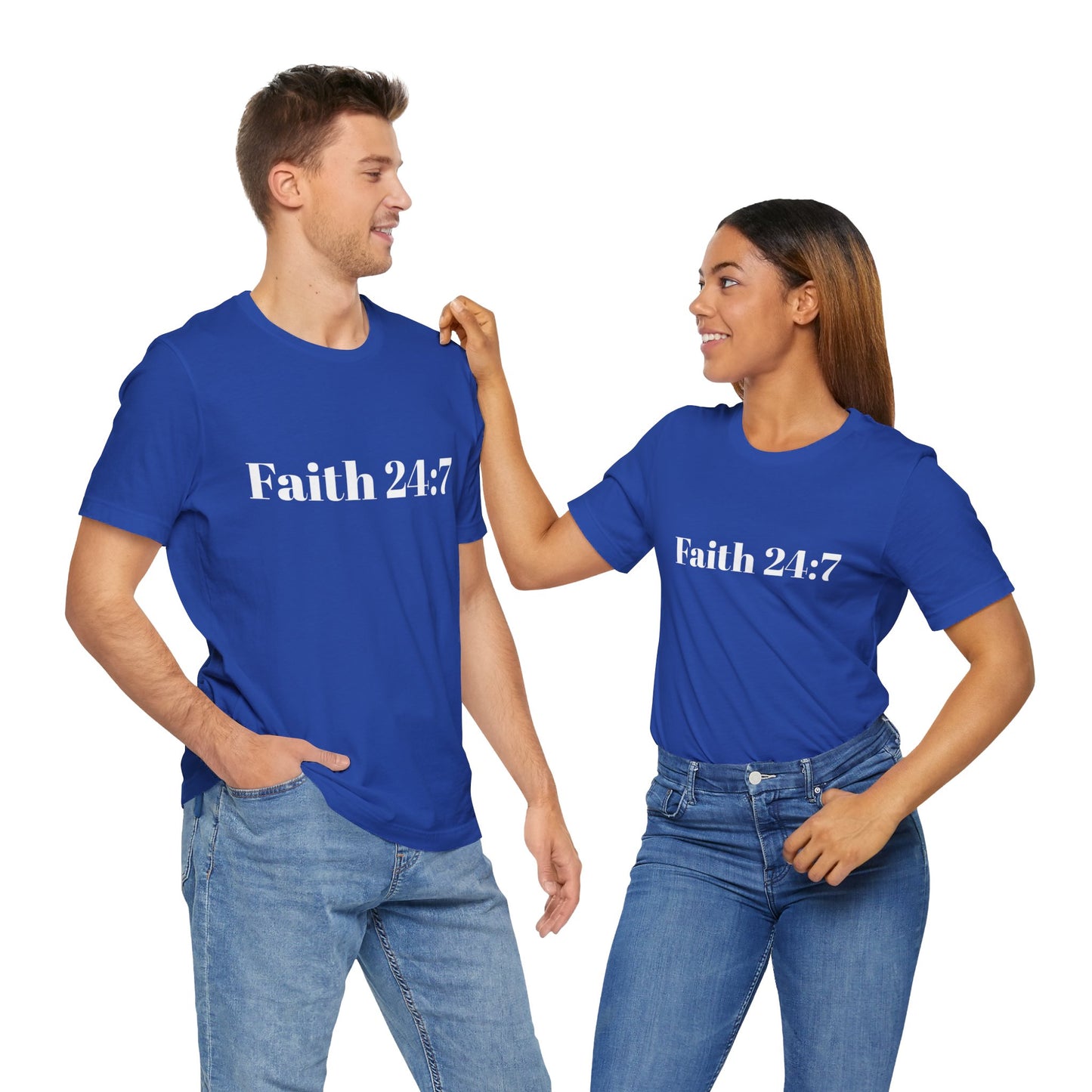 two people pictured in Royal blue t-shirt, faith 24:7 written across the front in white writing, white ooh mai god logo in the neck