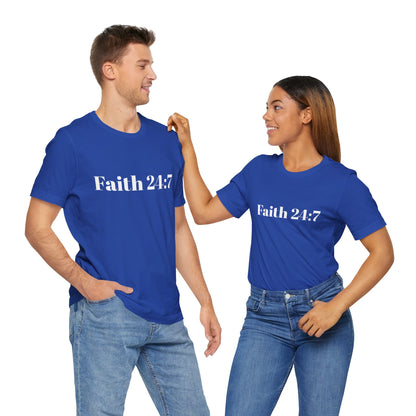 two people pictured in Royal blue t-shirt, faith 24:7 written across the front in white writing, white ooh mai god logo in the neck