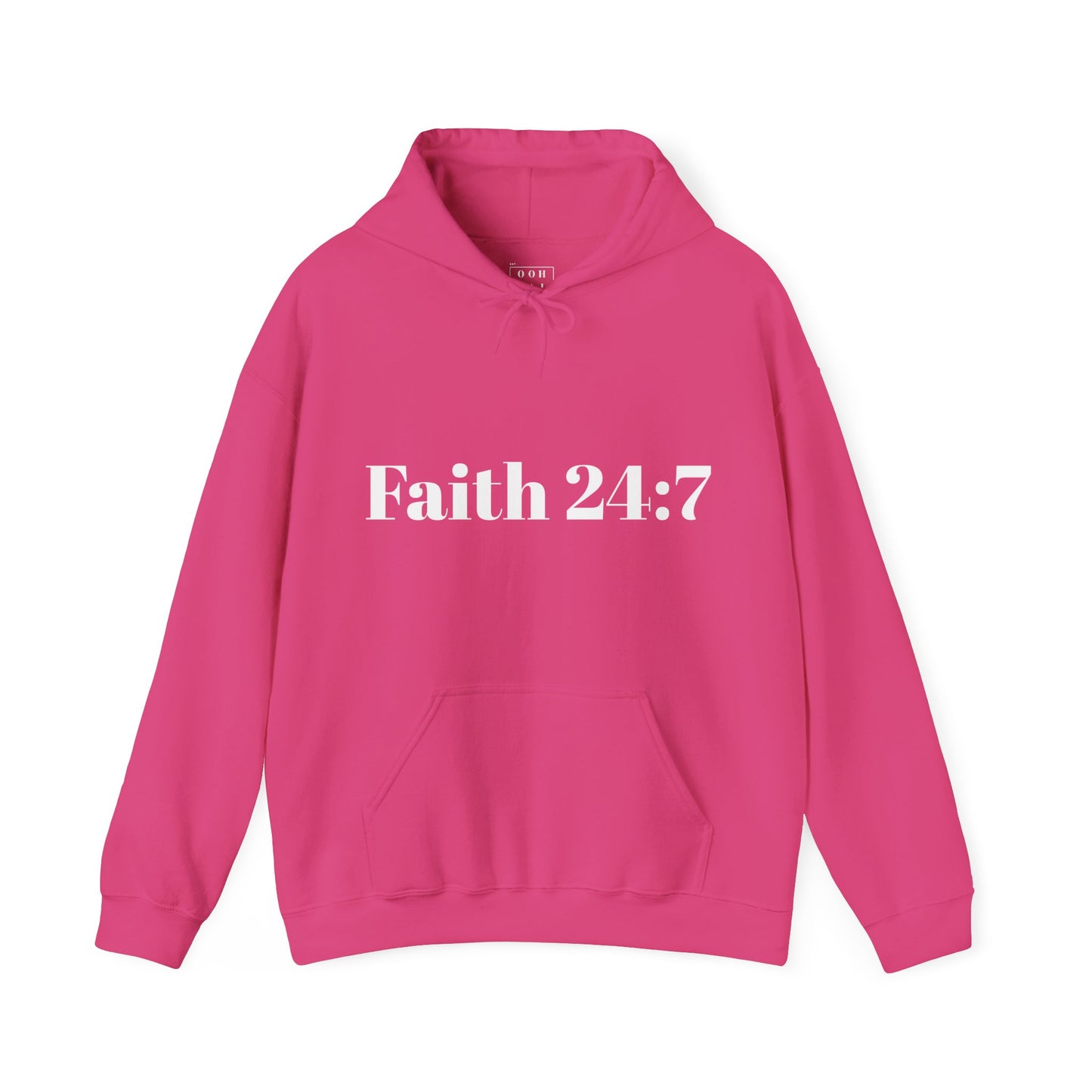 pink hoodie with kangaroo pockets, faith 24:7 written across the front in white writing, white ooh mai god logo in the neck