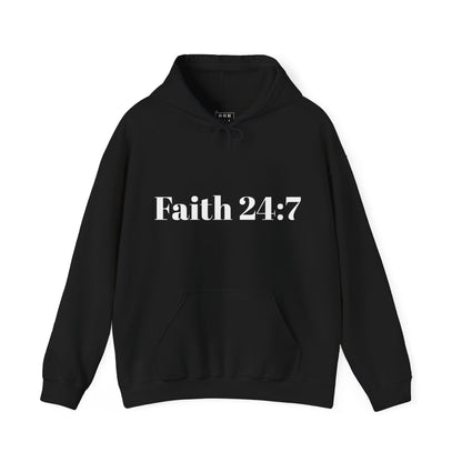 Black hoodie with kangaroo pockets, faith 24:7 written across the front in white writing, white ooh mai god logo in the neck