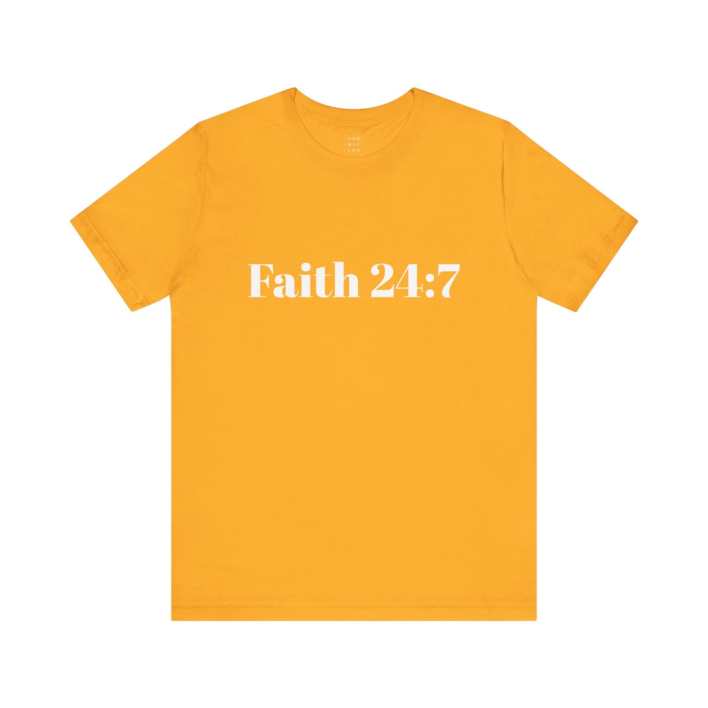 Gold t-shirt, faith 24:7 written across the front in white writing, white ooh mai god logo in the neck