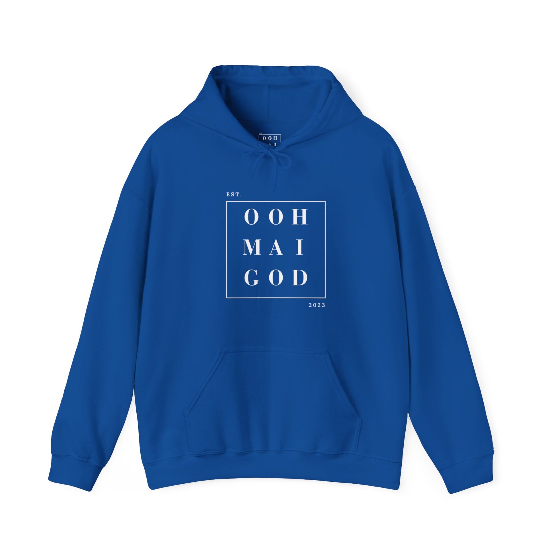 Royal blue colored hoodie with kangaroo pockets. Ooh Mai God brand name written in white placed inside of a white square in the center of the hoodie.