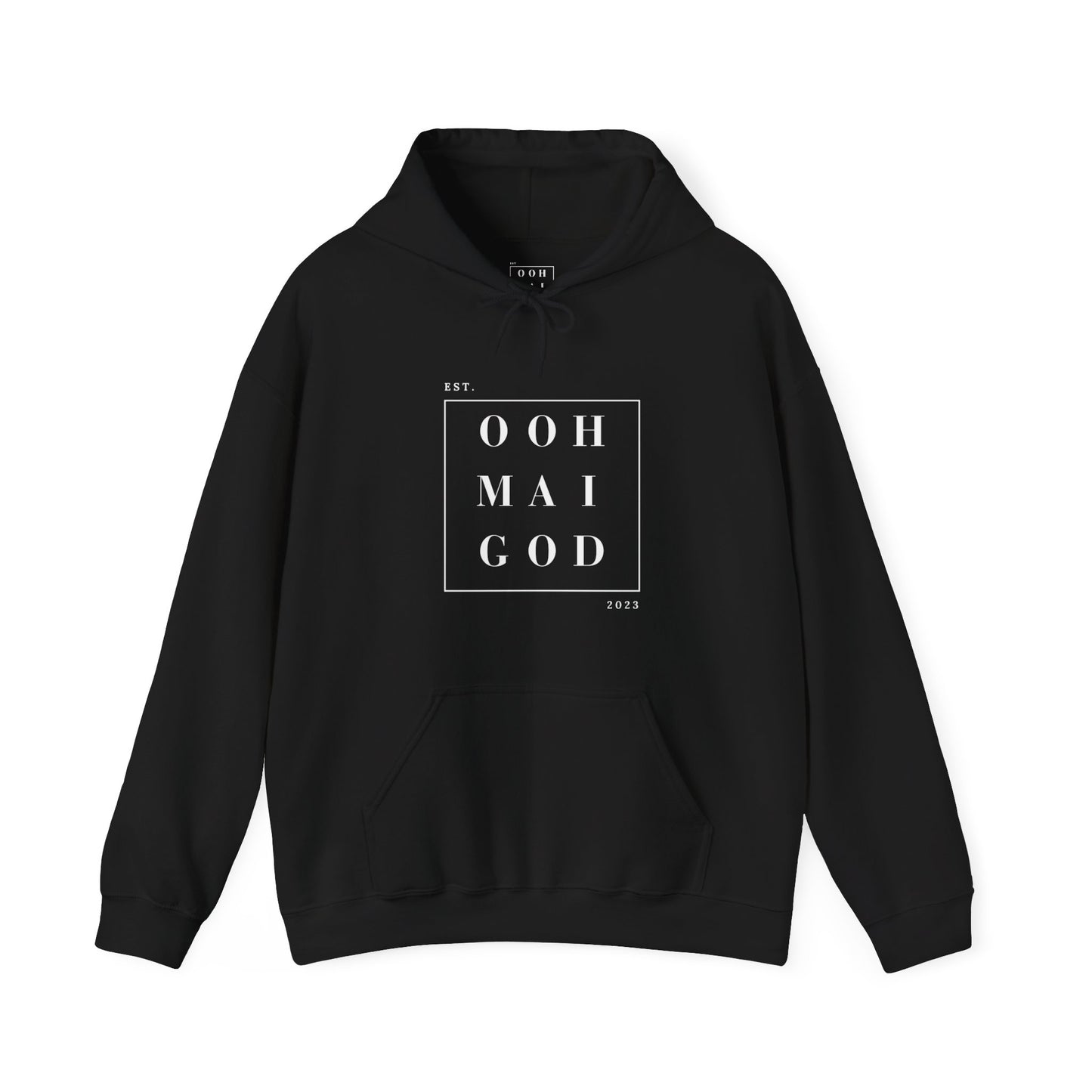 Black colored hoodie with kangaroo pockets. Ooh Mai God brand name written in white placed inside of a white square in the center of the hoodie.