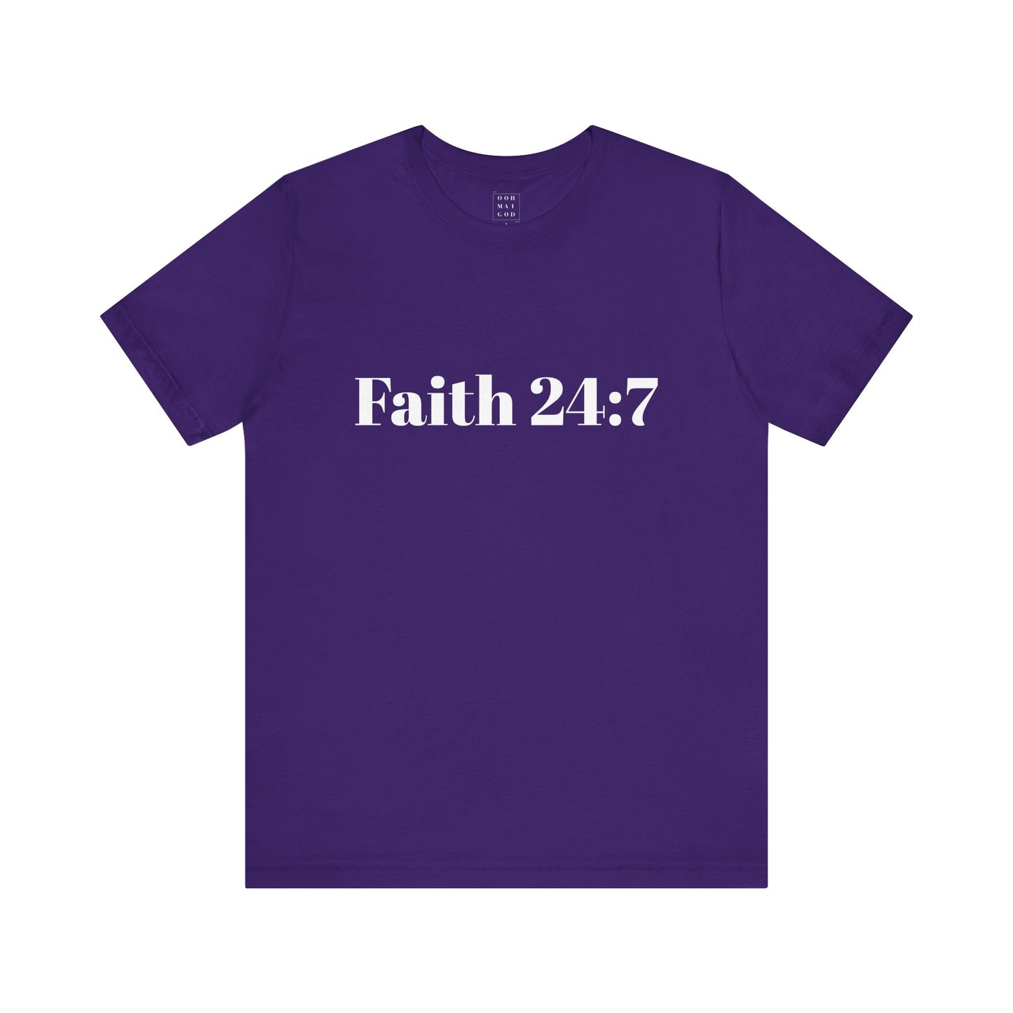 Purple t-shirt, faith 24:7 written across the front in white writing, white ooh mai god logo in the neck