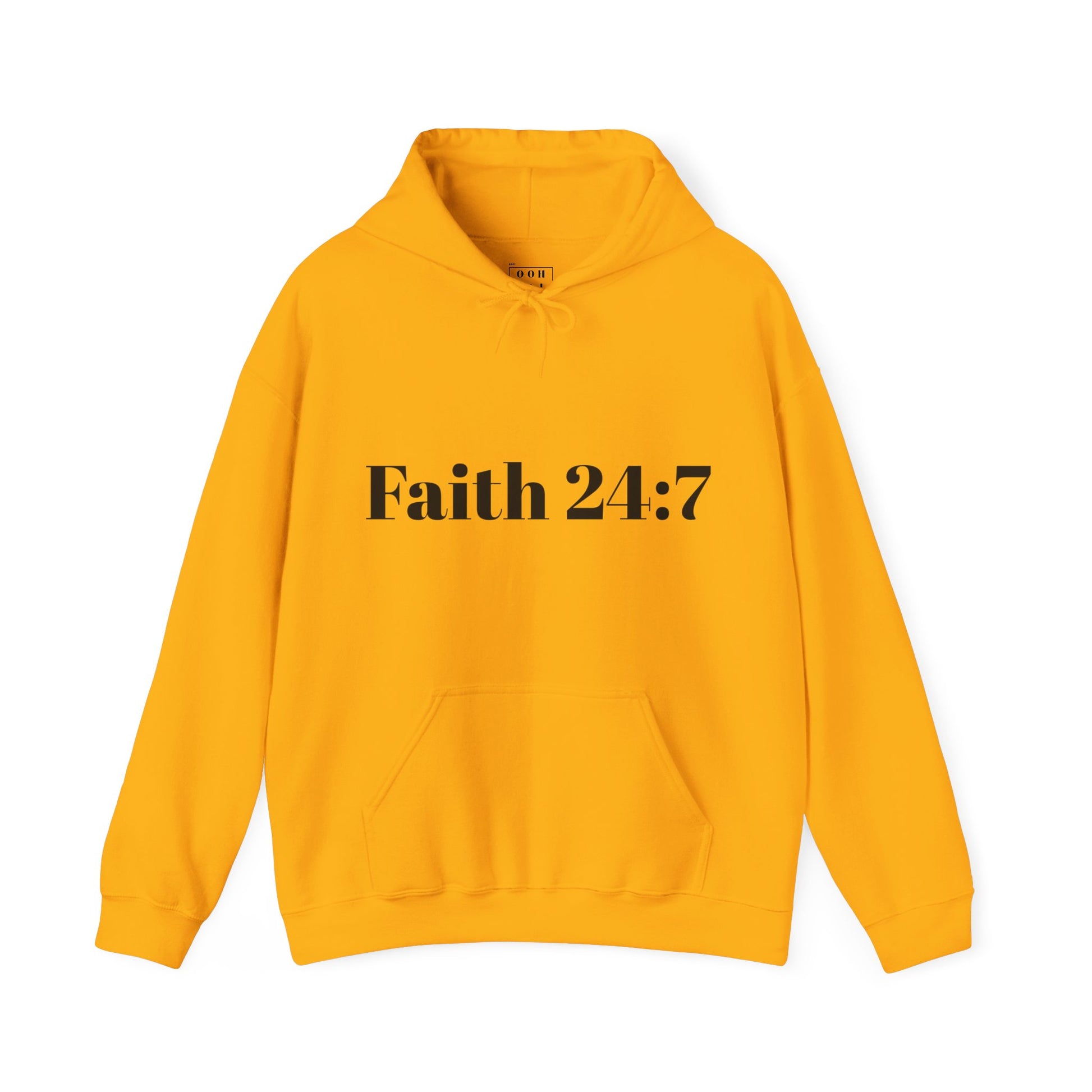 Gold hoodie with kangaroo pockets, faith 24:7 written across the front in black writing, black ooh mai god logo in the neck