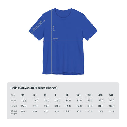 size chart for Faith 24:7 t-shirt, the brand is the Bella+Canvas 3001