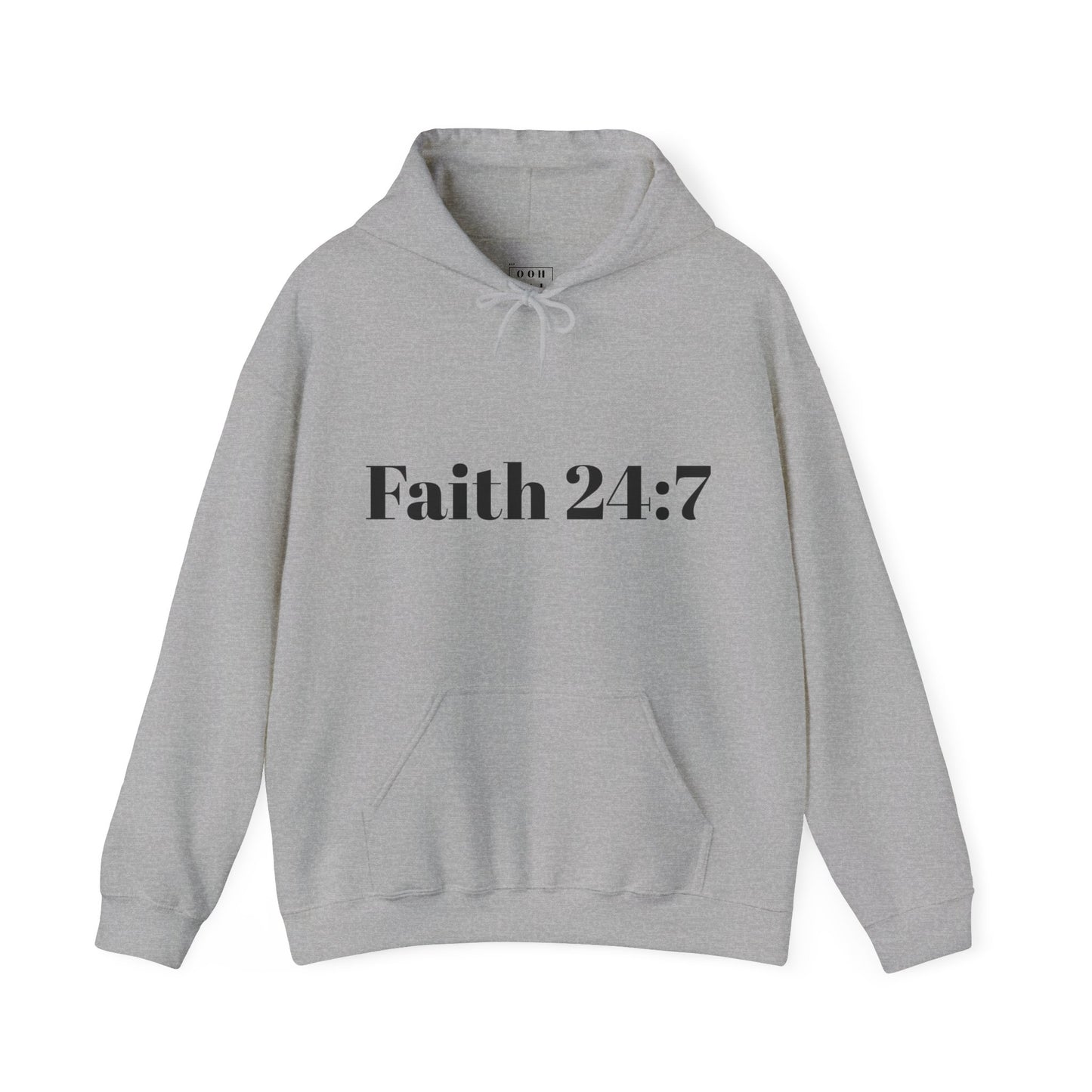 Grey hoodie with kangaroo pockets, faith 24:7 written across the front in black writing, black ooh mai god logo in the neck