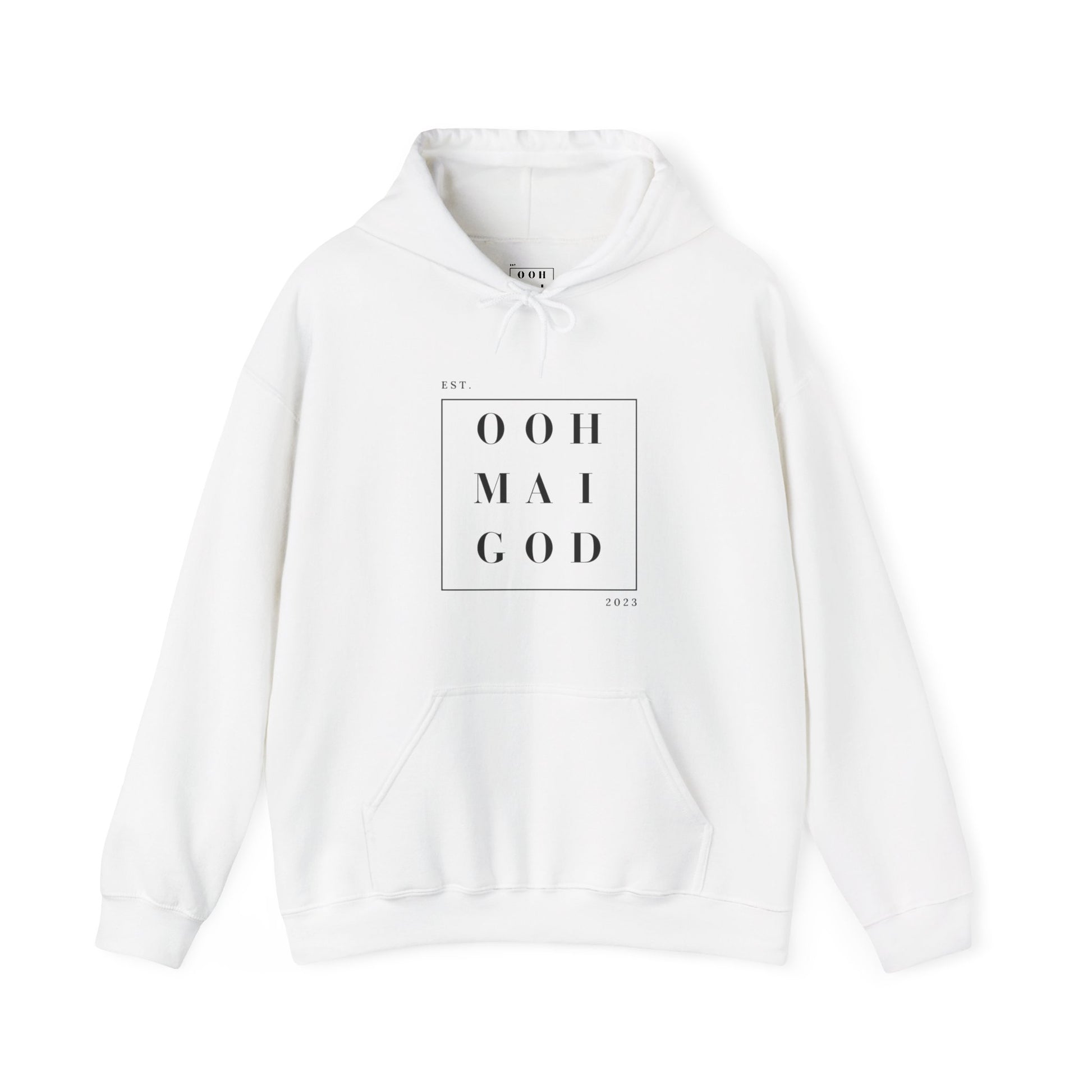 White colored hoodie with kangaroo pockets. Ooh Mai God brand name written in black placed inside of a black square in the center of the hoodie.