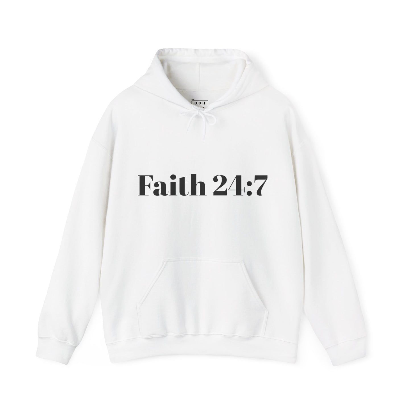 white hoodie with kangaroo pockets, faith 24:7 written across the front in black writing, black ooh mai god logo in the neck