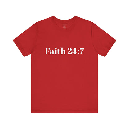 Red t-shirt, faith 24:7 written across the front in white writing, white ooh mai god logo in the neck