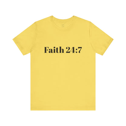 Yellow t-shirt, faith 24:7 written across the front in black writing, Black ooh mai god logo in the neck